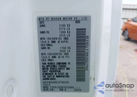 2020 Nissan Nv200 2.5S/2.5Sv z USA, uszkodzony, nr VIN 3N6CM0KN8LK708338